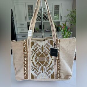 America & Beyond Hand Beaded Neutral Colored Wild Nights Tote Bag NWT